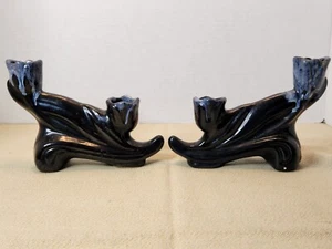 Mid Century Anna Van Briggle Black and Blue Lava Drip Glaze Double Candle Bases - Bild 1 von 12