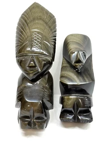 Lot of 2 Mayan Aztec Carved Obsidian Black Lava Stone Gold Sheen Satues - Picture 1 of 22