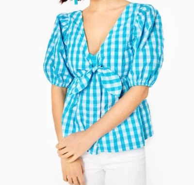 Топ Lilly Pulitzer Sarafina Gingham бирюзовый оазис гофрированный имбирь размер 4 - Изображение 1 из 4