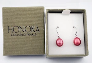 Beautiful Honora Sterling Cultured Pearl Silver Wire Drop Earrings ~ Cherry - Picture 1 of 2