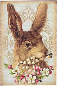 Cartolina Pasqua Vintage RETRO Antica NUOVA RISTAMPA Marrone Coniglietto Coniglio Fiori - Foto 1 di 2