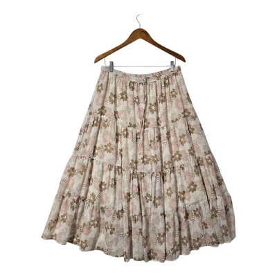 Aerie Tiered Maxi Skirt XL Ivory Beige Multi Floral Elastic Waist Tie Fairy Boho - Image 1 of 4