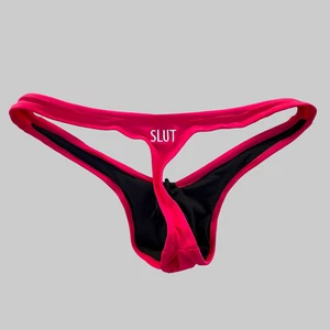 SLUT custom embroidery mens red swim thong G-string swimwear swimsuit size L - Picture 1 of 4