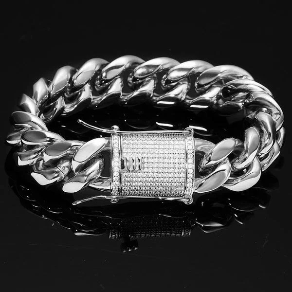 Men's 12mm White Gold Plated CZ Miami Cuban Link Bracelet 8.5''  Stainless Steel - Image 1 of 4