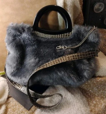 Designer KORET Faux Alligator/Snake Gray Faux Fur Purse w/Black Acrylic Handle! - Image 1 of 4