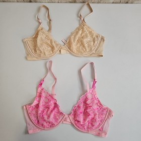 LOT OF 2 Victoria Secret Unlined Demi Bra Pink & Beige Lace Floral Size 38D Bras