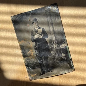 Antique Tintype Photo Trumpet Player - Musical Horn Instrument 1870s -- A1 - Picture 1 of 12