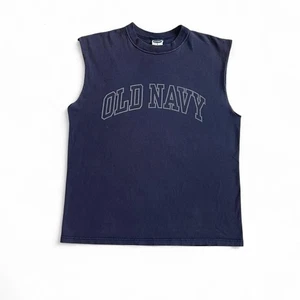 Old Navy Spell Out Logo Vintage Y2K Blue Sleeve T-Shirt Tank Top USA Mens Sz Sm - Picture 1 of 5