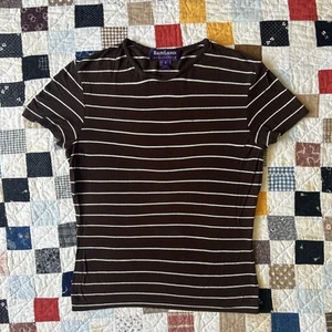 Vintage USA Made Ralph Lauren Purple Label Brown Striped T-Shirt Womens Small - Picture 1 of 4