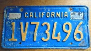 License Plate, Blue California, 1991 Passenger, 1V73496 Raised Letters - Imagen 1 de 4