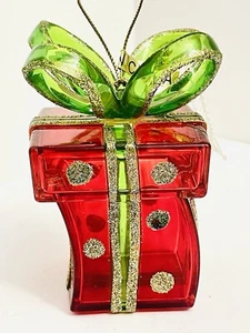 Clear Acrylic Christmas Present Ornament Trimmed Gold Glitter Ribbon 4” Cube - Picture 1 of 9
