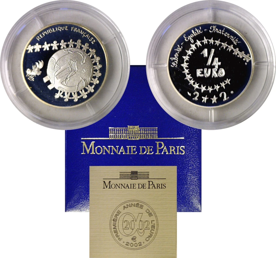 Francia 2002 1/4 euro .900 plata fina euro de niños prueba KM #1293a OGP con certificado de autenticidad Foto 1 de 1