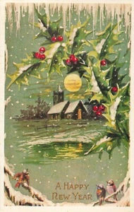 Vintage Happy New Year Ivy Snow Scene Postcard - Picture 1 of 2