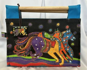 Small Laurel Burch Tote Handbag Wood Handle w/ Charm Multicolor 3 Horses NWOT - Picture 1 of 8