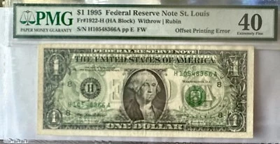 REDUCED! 1995 $1 FRN St. Louis  Full Back To Front Offset Printing Error PMG 40 - Image 1 of 2