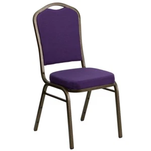 10 PACK Crown Back Stacking Banquet Chair with Purple Fabric and Gold Vein Frame - Picture 1 of 9
