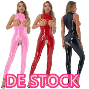 DE Damen Lack Leder Bodysuit Schritt offen Wetlook Jumpsuits Catsuit Clubwears - Picture 1 of 36