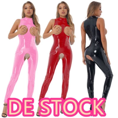 DE Sexy Damen Lackleder Bodysuit Wetlook Catsuit Jumpsuits Body Dessous Clubwear - Bild 1 von 4