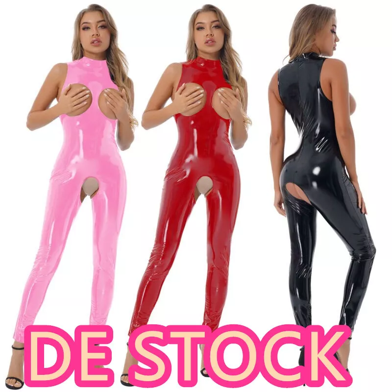DE Damen Lack Leder Bodysuit Schritt offen Wetlook Jumpsuits Catsuit Clubwears - Bild 1 von 4