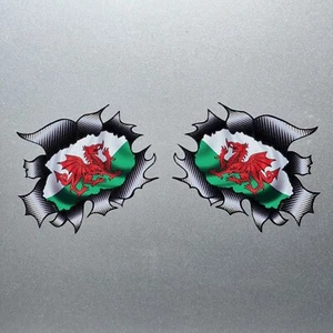 2x Wales Welsh Dragon Cymru Flag Ripped Carbon Fibre Vinyl Sticker Decal 70x56mm - Bild 1 von 1