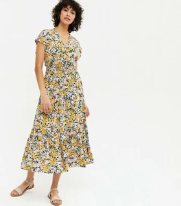 Abito midi scollo a V a strati floreale nero New Look taglia 10 38 vintage - Foto 1 di 5