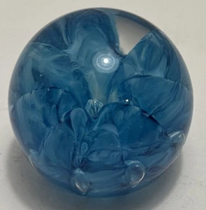 Vintage Joe Rice St. Clair Ribbon Ball Art Glass Blue Swirl Paperweight - Picture 1 of 8