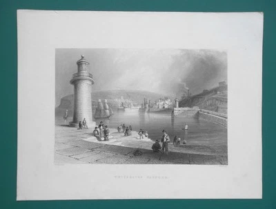 WHITEHAVEN Harbor & Lighthouse England - 1842 impresión antigua Bartlett Foto 1 de 3