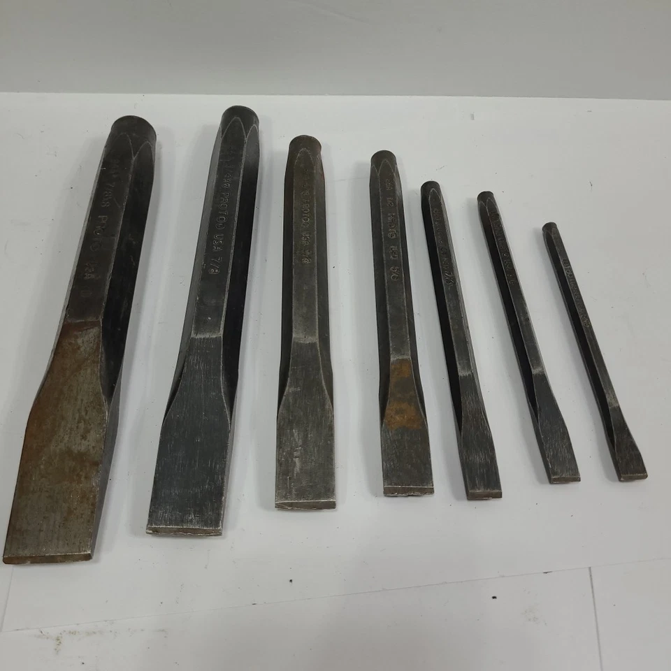Proto Cold Chisel Set 7pc 1" 7/8" 3/4" 5/8" 1/2" 7/16" 3/8" 5/16" Cut 86A USA - Image 1 of 4