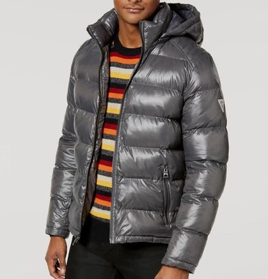 $225 GUESS Men's Mid-Weight Puffer Jacket with Removable Hood, Smoke, Large - Image 1 of 2