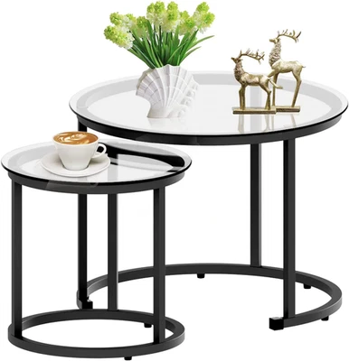Black Nesting Coffee Glass Table Set of 2, Metal Freme Side End Tables for Livin - Image 1 of 4