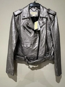 NWT Rare Michael Kors Women’s Metallic Leather Moto Jacket Sz L - Picture 1 of 9
