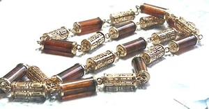 Vintage Root Beer Tube Beads and Gold Tone Caged Beaded Necklace, Sarah Coventry - Picture 1 of 7