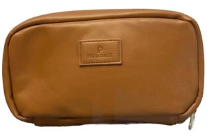 Pocmimut Makeup Bag Brown Leather Travel Cosmetic Bag Open Flat Large - Picture 1 of 5