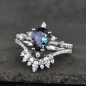 2.00 Ct Pear Cut Simulated Alexandrite Bridal Set Ring 14K White Gold Plated - Picture 1 of 4