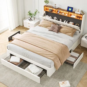 Doppelbett 140x200cm Polsterbett Bettgestell Schubladenbett Lattenrost LED USB - Bild 1 von 12