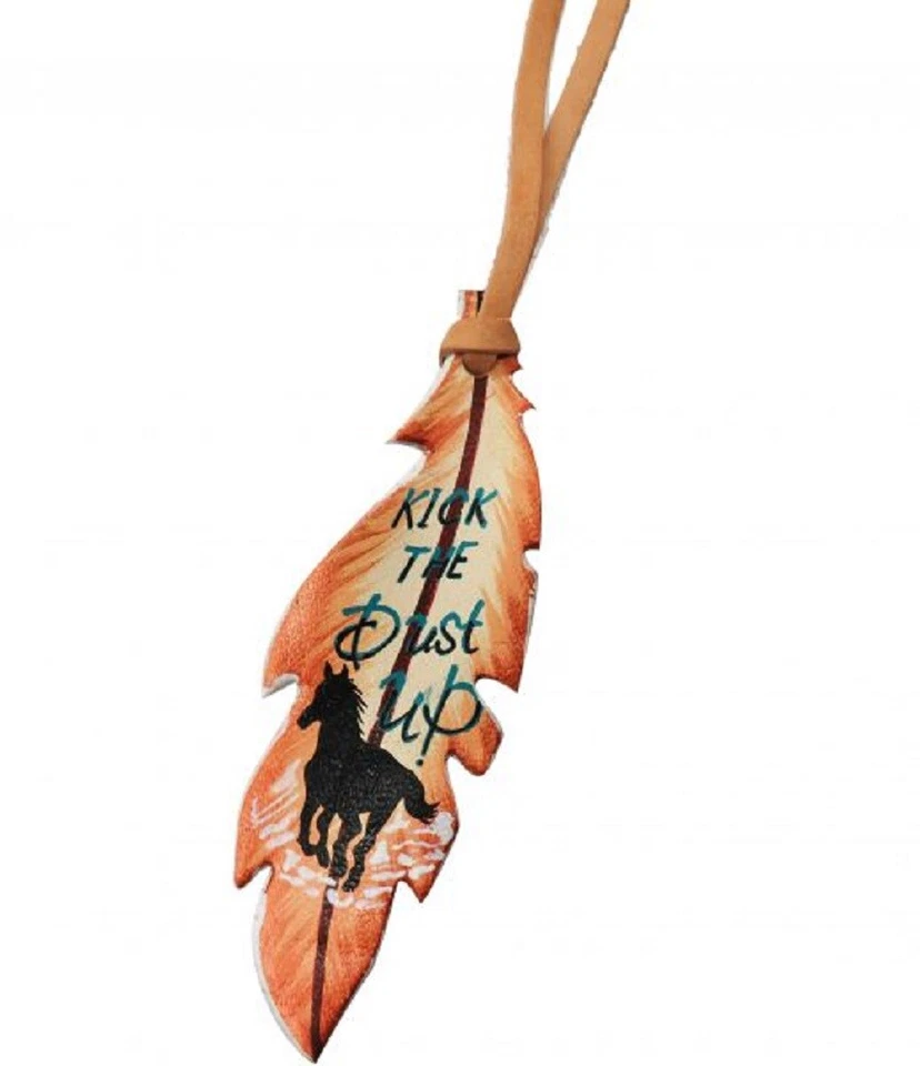 NEW! Hand painted leather "KICK THE DUST UP" FEATHER TIE ON cut out horse saddle - Image 1 of 1