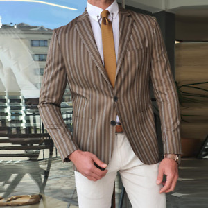 Mens Vertical Slim Groom Blazer Party Dress Prom Coats Stripe Business Suits
