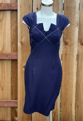 Casual Corner Sleeveless Sheath Dress Navy Blue w/ Gold Piping Formal Fancy Sz 8 - Image 1 of 4