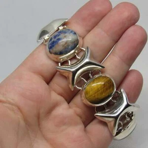 Vintage Mexico Sterling Silver Multi-Stone Cabochon XO Bracelet TD-102 - ~6.75 i - Picture 1 of 11