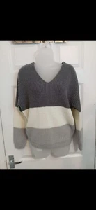 Women's Light Grey Striped Fine Knit Colour Block Crew Neck Sweater Jumper  - Picture 1 of 5