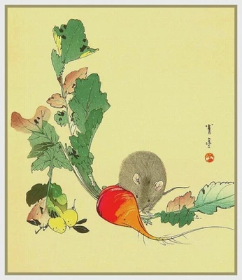 Asian Mouse Nibbling on Radish Ohara Koson Shoson  Counted Cross Stitch Pattern - Image 1 of 4