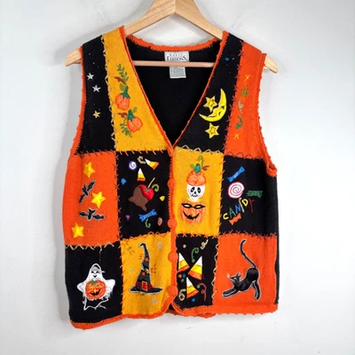 De Colección Años 90 Halloween Suéter Chaleco L Retazos Bordado Naranja Bruja Sombrero Gato Negro Foto 1 de 4