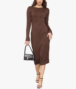 Women Round Neck Long Sleeved Thin Textured Brown Dress Size Medium T8 - Picture 1 of 4