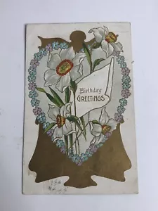 Antike Postkarte Geburtstag Grüße Blumen geteilt hinten verschickt - Bild 1 von 4