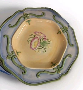 Fitz & Floyd Halcyon Pink Floral Blue Trim Spring 10" Dinner Plate EUC Textured - Picture 1 of 10
