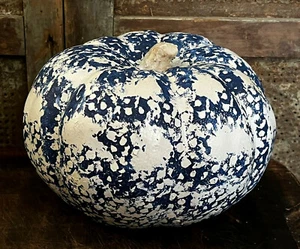 Rustic Country Pumpkin Blue & White Spongeware Stoneware Inspired Halloween 9" W - Picture 1 of 7