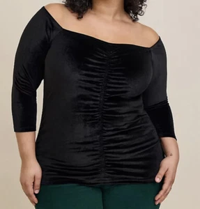 Top donna Torrid Plus 3 3X 22-24 nero velluto increspato elasticizzato spalle scoperte nuovo - Foto 1 di 6