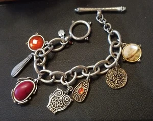 Lucky Brand Silver Tone Charm Bracelet with Seven Charms Red Stone Feather Owl  - Picture 1 of 14