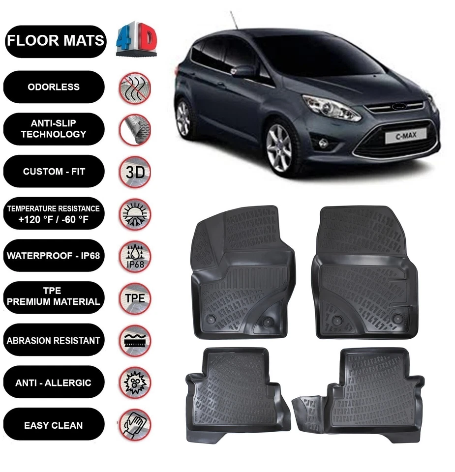 Alfombrillas forro para Ford C-Max (2010-2019) impermeables moldeadas en 4D negras 4 un. Foto 1 de 4