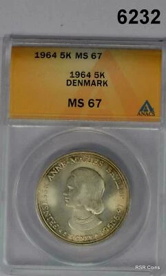 1964 DENMARK 5 KRONER WEDDING OF PRINCESS ANNE MARIE ANACS CERTIFIED MS67 #6232 - Image 1 of 3
